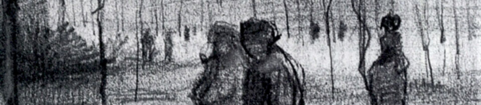Pencil drawing of two people walking, seen sideways. Trees are visible in the background.
