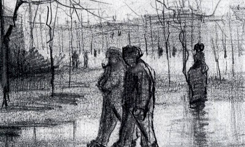 Pencil drawing of two people walking, seen sideways. Trees are visible in the background.
