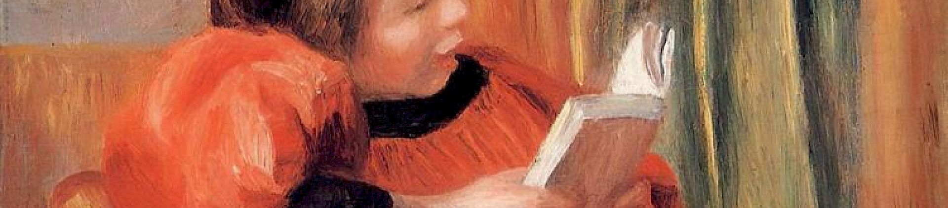Painting of young girl in an orange dress reading a book