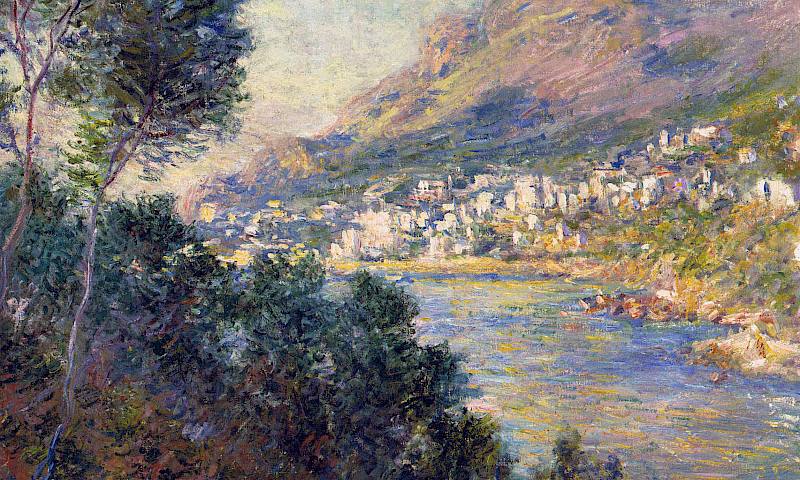 Painting shows trees in the left foreground, with a view over the water towards a built up city. Mountains loom in the background.