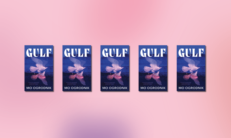 Pink background with five copies of the book cover which is dark blue with a pink bird flying across water.