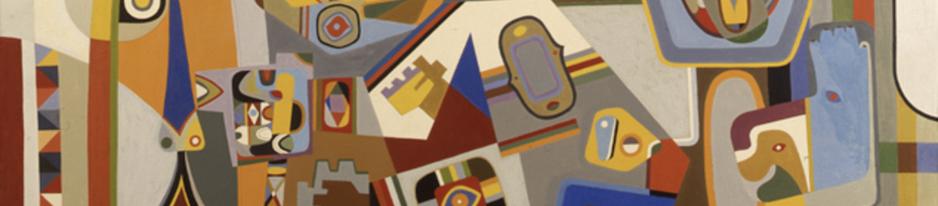 An abstract painting in browns, yellows, reds, and blues.