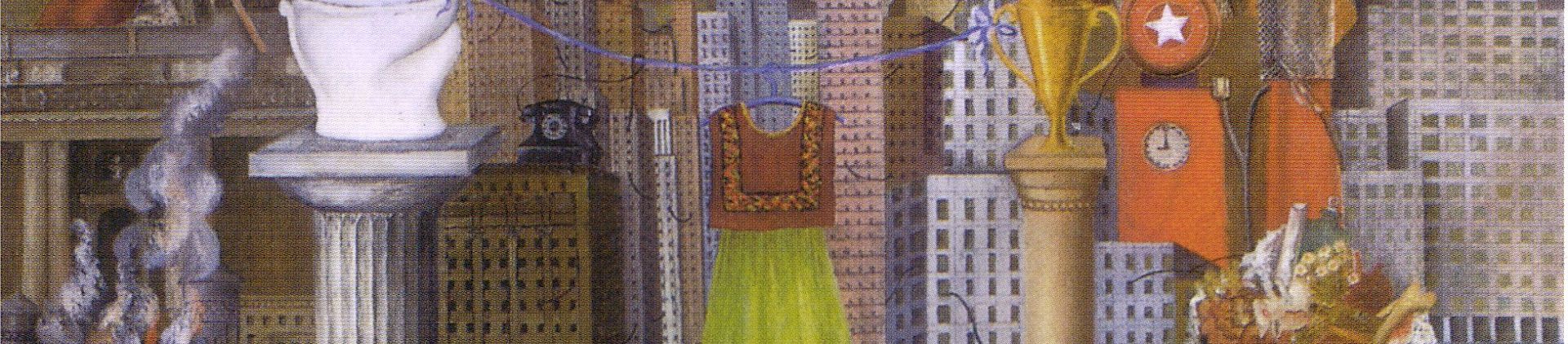 Painting by Frida Kahlo. A brown and green dress hands on a washing line against a city backdrop. A toilet features prominently to the left.