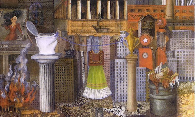 Painting by Frida Kahlo. A brown and green dress hands on a washing line against a city backdrop. A toilet features prominently to the left.