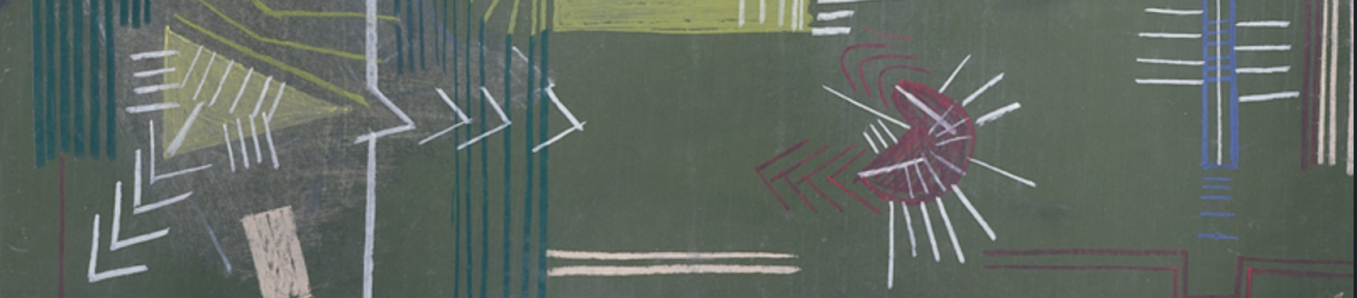 Green abstract artwork with pastel coloured pencil marks