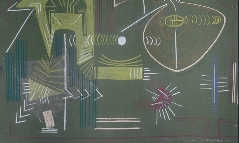 Green abstract artwork with pastel coloured pencil marks