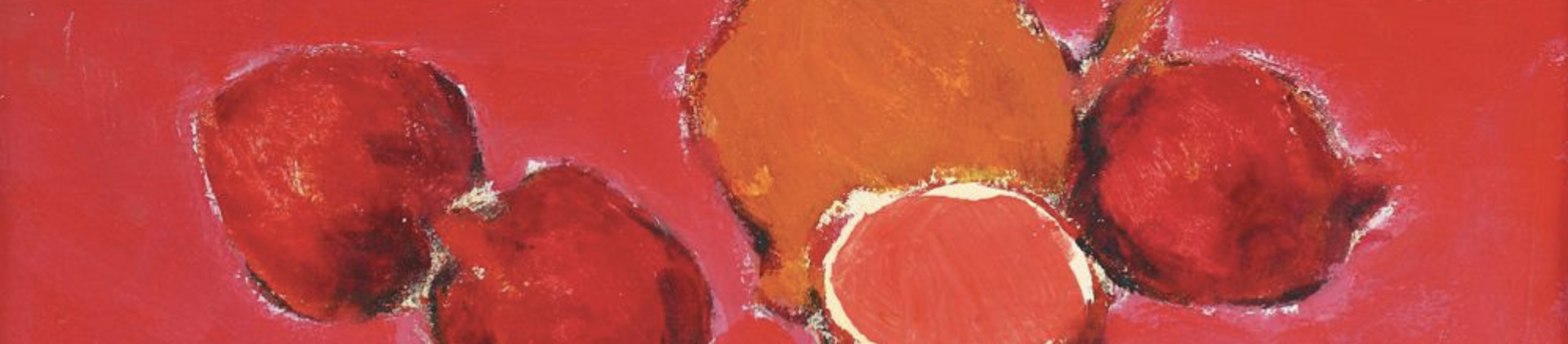 Painting of orange jug with pomegranates and red background