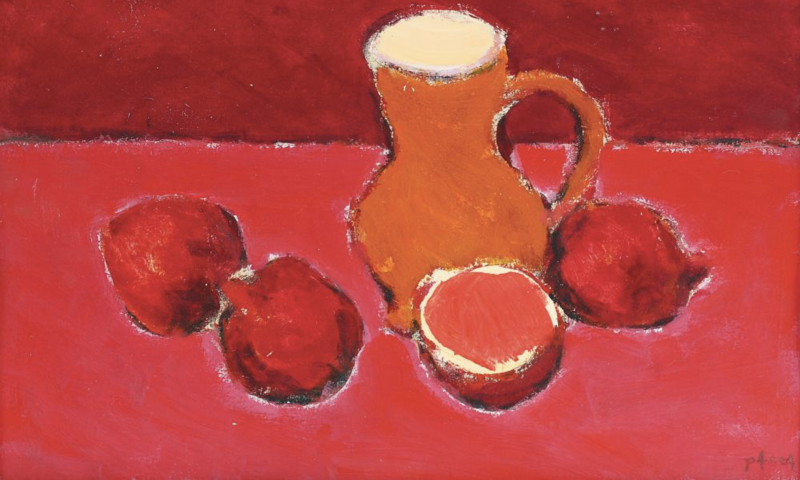 Painting of orange jug with pomegranates and red background